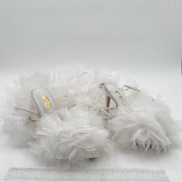 FSJ White Pointed Toe Lace-Up Sandals Tulle and Feather Bridal Shoes - Picture 4 of 8